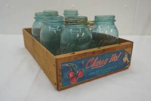lot 89 image: Vintage Blue Ball Canning Jars and Wood Crate
