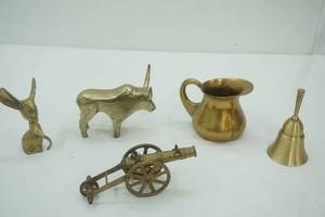 lot 122 image: Vintage Brass Figurines, Brass Pitcher, Brass Bell