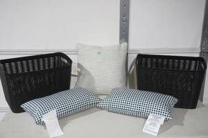 lot 177 image: NEW (2ct) Storage Baskets & (3ct) Throw Pillows