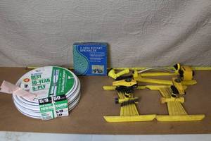 lot 8 image: Garden Hose and Sprinkler Set with Flexon 50ft Hose and Multiple Lawn Sprinklers
