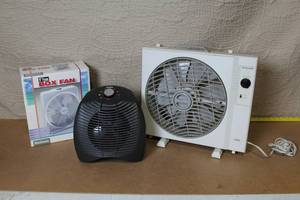 lot 37 image: Lot of 3 Fans Including Holmes 10 Inch Box Fan, Honeywell Box Fan, and Sunbeam Heater Fan