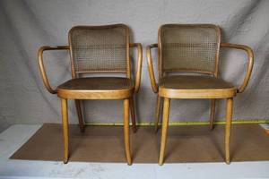 lot 42 image: Pair of Vintage Bentwood Armchairs with Woven Cane Seats and Backs