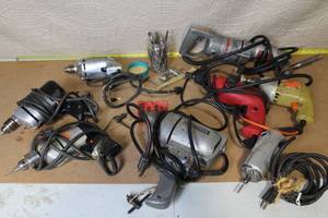 lot 50 image: Lot of 8 Vintage Electric Drills and Chain Saw Sharpener Assorted Brands