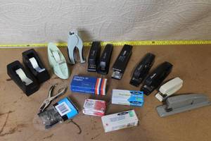 lot 63 image: Lot of Office Supplies Including Staplers, Tape Dispensers, Clips and Staples