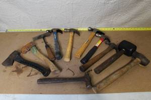 lot 69 image: Collection of 11 Mixed Hand Tools Including Hammers and Hatchets