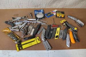 lot 82 image: Mixed Lot of Utility Knives, Blades, Auto Bulbs, and Hand Tools