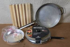 lot 88 image: Kitchenware Lot with Cutting Board, 14 in Enterprise Skillet, and 12 in Revere Pan with Lid
