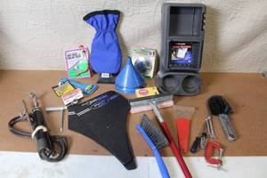 lot 96 image: Automotive Accessory Lot with Cup Holder, Mud Flaps, Funnels, Spark Plugs, Brushes and Tools