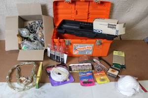 lot 98 image: Toolbox with Safety Goggles, Face Masks, Paint Brushes, Chains, Locks, and Assorted Hardware
