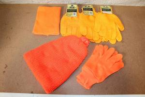 lot 120 image: Collection of Knit Work Gloves, Fleece Gloves, Orange Beanie, and Neck Warmer