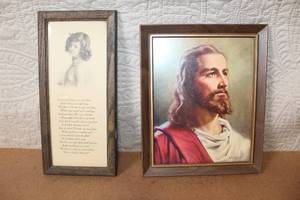 lot 135 image: Set of 2 Framed Artworks Jesus Portrait by Peter Keilanchi and Vintage Poem Print