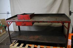 lot A-156 image: Heavy-Duty Industrial Metal Workbench with Drawer and Upper Tray