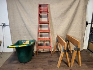 lot 158 image: Yard Cart, Red Step Ladder, and Pair of Wood Sawhorses