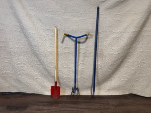 lot 167 image: Lot of 3 Garden Tools and 2 Wooden Bar Stools