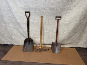 lot 188 image: Set of 2 Vintage Shovels and 1 Pick Mattock Hand Tools