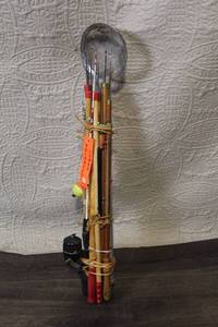 lot C-316 image: Vintage Mixed Lot of Ice Fishing Poles, Reels, Floats, & Ice Scoop