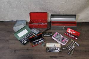 lot 326 image: Collection of Vintage and Modern Socket Sets and Hand Tools with Metal Tool Boxes
