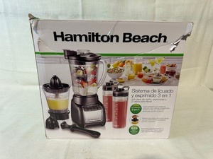 lot 196 image: Hamilton Beach 3-in-1 Blend and Juice System with Glass Jar, Juicer, and 2 Travel Jars