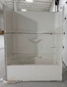 lot 20 image: Oasis 3-piece, 60 x 30-inch deep White Bathtub with Enclosure. Never installed.
