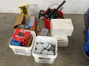 lot 32 image: Miscellaneous Hardware Box of Pneumatic Nails, Box of Decking Nails, Drill Point Fasteners, Insulation Plates, and more