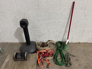 lot 35 image: Miscellaneous Industrial Boot Cleaner, Cigarette Butt Container, Miscellaneous Straps, Chain, Air Hose, Small Broom