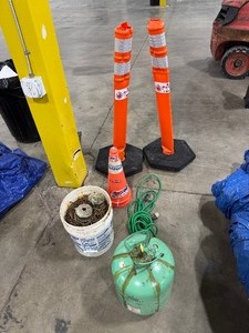 lot 53 image: Four Safety Cones, Extension Cord, Bucket of Nails, A Foam for AB Foam System