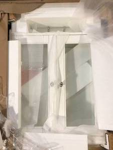 lot 16 image: Home Decorators Collection Gazette 23.5 in. W x 7.5 in. D x 31 in. H Bathroom Storage Wall Cabinet in White   Customer Returns See Pictures