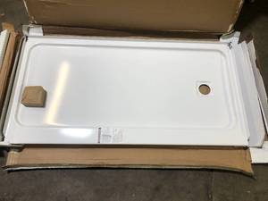 lot 51 image: Bootz Industries Aloha ShowerCast 60 in. L x 30 in. W Alcove Shower Pan Base in White with Square Chrome Right Drain Damaged Customer Returns See Pictures