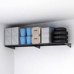 lot 7 image: FLEXIMOUNTS 24 in. x 48 in. Heavy Duty Wall Shelf with Brackets in Black  Customer Returns See Pictures