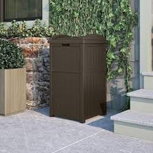 lot 23 image: Suncast Plastic Trash Hideaway 30 Gallon Brown Outdoor Trash Can with Lid, Suitable for Patios, Decks and Backyards  Customer Returns See Pictures