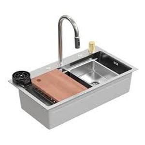 lot 32 image: 32 in. Drop-In Single Bowl Silver 304 Stainless Steel Kitchen Sink with Pull-Down Faucet, Cutting Board&Hidden Waterfall  Customer Returns See Pictures