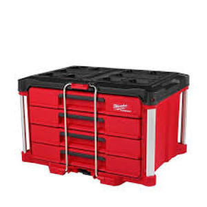 lot 66 image: Milwaukee PACKOUT 22 in. Modular 4-Drawer Tool Box with Metal Reinforced Corners and 50 lbs. Capacity Customer Returns See Pictures