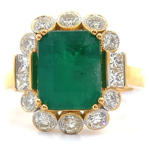 lot 26 image: 5.89 Carat Natural Emerald & Natural Diamond Bezel Halo Milgrain Ring in 14k Gold w Report $10,344 Retail VIDEO