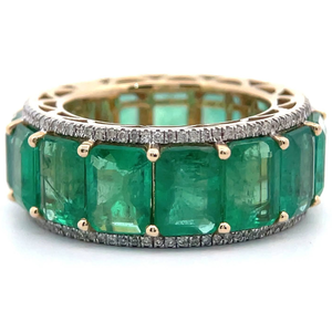 lot 21 image: NEW Oscar Friedman 13.87 Carat Natural Emerald & Natural Diamond Full Eternity Ring in 14k Yellow Gold w Report $16,720 Retail VIDEO