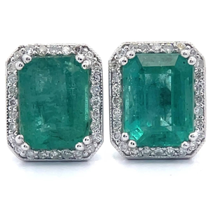 5.36 Carat Natural Emerald & Natural Pavé Diamond Halo Stud Earrings in Platinum; $7,690 Retail *VIDEO*