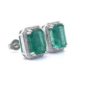 5.36 Carat Natural Emerald & Natural Pavé Diamond Halo Stud Earrings in Platinum; $7,690 Retail *VIDEO*