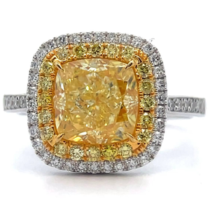 3.53 Carat Natural Fancy Yellow & White Diamond Cushion Halo Ring in 18K Two-Tone Gold w/ GIA Report; $59,485 Retail *VIDEO*