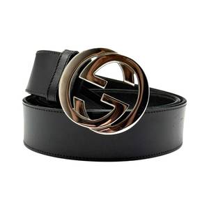 lot 33F image: Gucci Black Leather Belt with Silvertone Interlocking G Buckle (Size 8534) Pre-Owned Retail $620