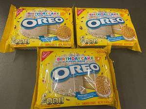 lot 17 image: GA 1 - Oreo Birthday Cake Flavor Creme Cookies, 3 Packs, 10.68 oz Each, Exp 082025