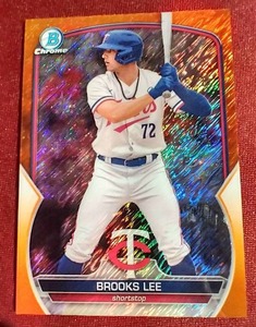 lot 201 image: 2023 Bowman Chrome Brooks Lee Orange Shimmer Refractor Prospect Card