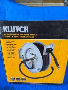 lot 29 image: Klutch Auto-Rewind Air Hose Reel with 38in. x 50ft. Rubber Hose, 300 PSI Brand New with very minor scratches