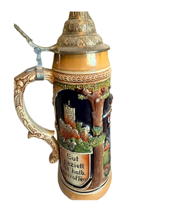 lot 107 image: Vintage German Beer Stein  Hand-Painted Relief Design, Pewter Lid (Feinstein Krug, 34 L)
