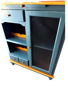 lot 108 image: Two-Tone Wood Bar Cabinet with Fold-Out Serving Shelf and Glassware Rack