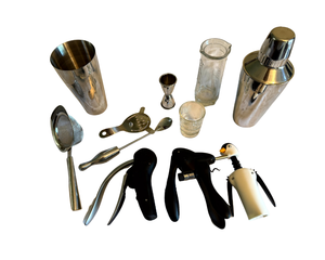 lot 122 image: Stainless Steel Shakers, Corkscrews, Jiggers & Strainers