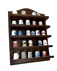 lot 65 image: Vintage Wooden Thimble Display Rack with Decorative & Souvenir Thimbles