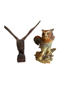 lot 95 image: Hand-Carved Wooden Eagle & Ceramic Owl Figurine