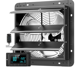 lot 222 image: 12 Shutter Exhaust Fan with Thermostat, DC Motor, Attic Fan with Humidity Sensor, Low Noise, Wall Mount Ventilation and Cooling for Sheds, Attics, Workshops, Black