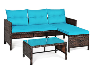 lot 256 image: Sumyeg 3 Pieces Outdoor Patio Corner Rattan Sofa Set 3 -Piece Wicker Patio Conversation Set with Blue Cushions