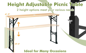 lot 312 image: 5.5FT Folding Picnic Beer Table, Outdoor Camping Table with Umbrella Hole & 2 Adjustable Heights, Heavy Duty Metal Frame & Solid Wood Top, Portable Picnic Table for Patio, Garden, Backyard