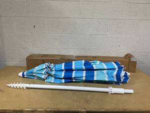 lot 269 image: Striped Beach Umbrella and Detachable Pole with a Sand Anchor